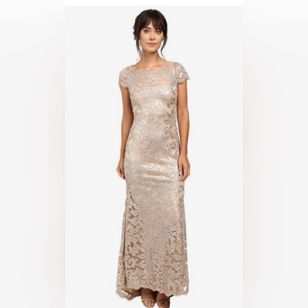 Calvin Klein Womens Sequined Gown Dress Sz 4 Tan Nude Silver Mermaid Cap Sleeve